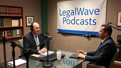 An image of a podcast studio setup with microphones, recording equipment, and legal-themed decorations, featuring a host recording a legal podcast episode, surrounded by legal books and a LegalWave Podcasts banner, emphasizing professional and engaging podcast content.