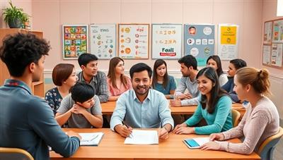 A vibrant virtual classroom setting with diverse avatars representing different language learners interacting with enthusiastic language tutors, showcasing a dynamic and engaging learning environment.