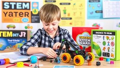 An image of a child enthusiastically building a robotic project from one of the subscription kits, surrounded by colorful STEM materials and educational posters, highlighting the hands-on learning experience provided by STEMcraft Jr.