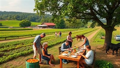 A picturesque countryside farm landscape with guests participating in farm activities, picking fresh fruits and vegetables, feeding animals, and enjoying a communal meal under a canopy of trees, capturing the essence of a relaxing and immersive agri-tourism farm stay.