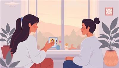 An emotive illustration of a virtual therapy session featuring a counselor providing support and guidance to a client via video call, with calming visuals and relaxation aids in the background, reflecting the compassionate and healing environment of the virtual mental health and wellness platform.