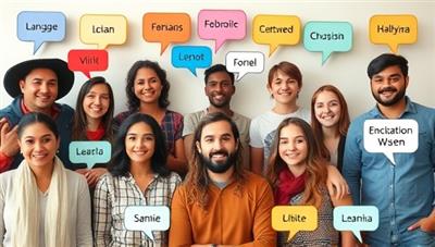 A diverse group of individuals from different cultures engaging in virtual language exchange sessions, with speech bubbles representing various languages spoken, showcasing a vibrant and interactive learning environment.