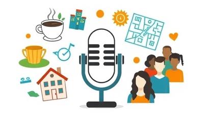 A microphone surrounded by symbolic representations of various community elements such as a coffee cup, a local landmark, a neighborhood map, and a group of diverse individuals, symbolizing community connection and storytelling through podcasts.