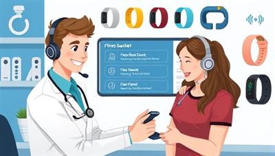 An illustration of a friendly technician assisting a customer with a fitness tracker, displaying a screen with troubleshooting steps, various fitness devices in the background, and a satisfied customer, conveying reliable tech support and assistance.