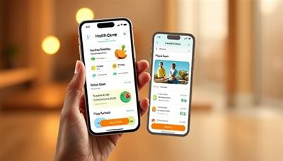 An engaging visual of the HealthGenie AI app interface displaying personalized health recommendations, fitness goals, and nutritional insights, with a user tracking their daily activities and health progress, promoting wellness and self-care through technology.
