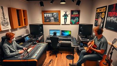 A modern music production studio setup with teens working on computers, mixing soundtracks, recording vocals, and experimenting with musical instruments, surrounded by soundproof panels, musical equipment, and inspirational music posters, creating a dynamic and creative music production environment.