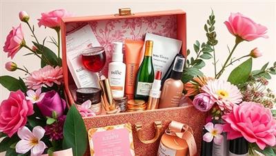 An elegant and colorful beauty box overflowing with various beauty products like serums, lipsticks, and face masks, surrounded by fresh flowers and greenery, symbolizing luxury and self-care.