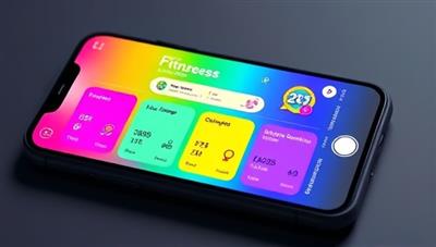 A smartphone screen displaying the app interface with colorful fitness challenges, progress trackers, and virtual rewards, motivating users to stay active and engaged.
