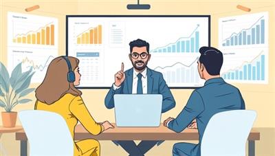 An engaging illustration of a virtual CFO guiding a group of diverse startup founders in a virtual meeting, surrounded by financial charts and growth projections, representing expert financial advice tailored to startups.