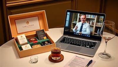 An elegant tabletop arrangement featuring a beautifully presented tasting box with gourmet samples, small tasting glasses, and tasting notes, accompanied by a laptop displaying a live virtual tasting session led by a professional sommelier, exuding sophistication and culinary refinement.