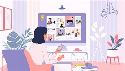A digital illustration showcasing a virtual interior designer interacting with a client via video call, presenting mood boards and design concepts on a screen, surrounded by elements of home decor and color swatches, creating a dynamic and immersive design experience.
