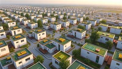An aerial view of a sustainable modular housing community featuring EcoMod Homes, with solar panels, green rooftops, and communal green spaces, illustrating a futuristic and environmentally friendly living environment.