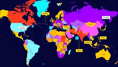 A vibrant digital map displaying connections between users from different countries, with speech bubbles in various languages symbolizing conversations and cultural exchange.