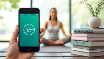 A serene meditation space with a smartphone displaying the MoneyZen Mind app, a person meditating with a peaceful expression, a stack of financial wellness books, and a calming nature backdrop, capturing the essence of relaxation, mindfulness, and financial tranquility in the MoneyZen Mind meditation app.