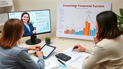 An interactive financial planning session where an advisor discusses investment options and retirement strategies with a client via video call, surrounded by financial charts, calculators, and a vision board depicting financial goals and aspirations, illustrating a path to financial success.