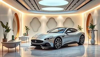 A luxurious car spa setting with elegant decor, soothing lighting, and premium car care products, showcasing a serene and upscale environment that caters to both vehicles and customers seeking a wellness-centered automotive experience.