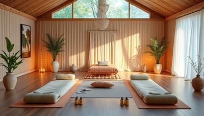 A serene and tranquil virtual retreat setting featuring a cozy meditation space, yoga mats, calming essential oils, and virtual wellness instructors guiding participants through relaxation exercises and mindfulness practices, creating a peaceful and rejuvenating ambiance.