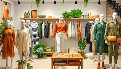 A digital fashion showroom featuring a diverse collection of sustainable clothing, accessories, and beauty products displayed on virtual mannequins, surrounded by greenery and eco-friendly design elements, conveying a message of style and sustainability.