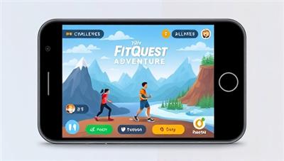 An engaging app interface mockup showcasing a virtual fitness world with avatars completing workout challenges, earning rewards, and exploring different exercise environments like mountains, beaches, and forests, inspiring users to embark on a FitQuest Adventure for a healthier and more active lifestyle.