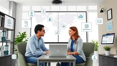 A virtual meeting room scene with a mentor and mentee engaging in a discussion, surrounded by virtual career resources and networking tools, symbolizing the connectivity and support offered by CareerClimb Connect's mentorship network.