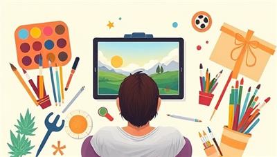 An evocative illustration of a person engaging in virtual art therapy, surrounded by colorful art supplies and creating a serene landscape painting on a digital tablet, conveying a sense of calmness and emotional release through creative expression.