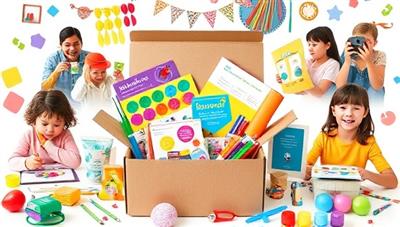 A colorful and inviting subscription box overflowing with craft materials, tools, and project guides, set against a backdrop of crafters of all ages enjoying creative activities and showcasing their finished DIY projects, illustrating the joy of crafting at home.