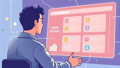 An illustration of a person interacting with a virtual career advisor powered by AI, receiving personalized career recommendations and skill development pathways on a digital interface, symbolizing the platform's advanced career counseling services.