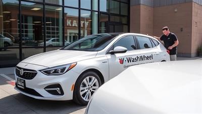 An image of a shiny, freshly cleaned car parked outside a busy office building, with the WashWheels team in action, showcasing convenience and quality service.