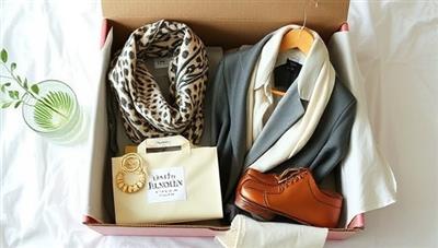 A chic sustainable fashion box filled with stylish eco-friendly clothing items, recycled accessories, organic cotton scarves, and cruelty-free leather goods, accompanied by a bamboo hanger, a plant-based garment bag, and a sustainable fashion magazine, exuding elegance and eco-conscious sophistication.
