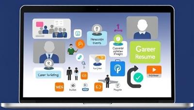 A digital collage featuring virtual networking events, career workshops, and resume building tools on a sleek laptop screen, with icons representing various industries and career paths, symbolizing the diverse opportunities available on the virtual career development platform.