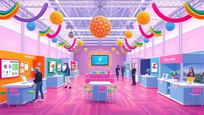 An illustration of a virtual event space with vibrant decorations, interactive elements, and virtual booths, representing the versatility and creativity of virtual events hosted on EventEase.