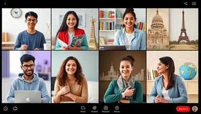 An interactive online language exchange session depicting diverse participants engaging in language practice, cultural discussions, and virtual travel experiences, with language learning tools and global landmarks in the background, fostering a sense of connection and language exploration.