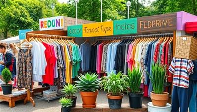 A colorful and vibrant outdoor pop-up thrift store setup with racks of clothing, potted plants, and eco-friendly signage, drawing in a diverse crowd of shoppers excited to browse sustainable fashion choices.