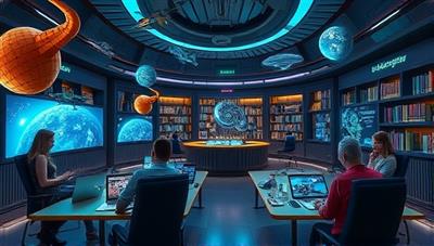 A futuristic virtual library setting with writers immersed in their creative process, surrounded by holographic displays of alien worlds, starships, and robotic companions, capturing the essence of exploration and imagination at Cosmic Chronicles Guild.