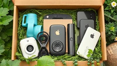 An assortment of sleek, modern eco-tech gadgets displayed in a recyclable packaging box surrounded by greenery and sustainable materials, emphasizing the blend of technology and sustainability.