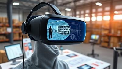 A virtual reality headset displaying a futuristic warehouse layout simulation, with digital blueprints transforming into a 3D warehouse model, surrounded by virtual design tools and a team of consultants collaborating in a virtual space, symbolizing innovation and cutting-edge technology in warehouse design consultancy.