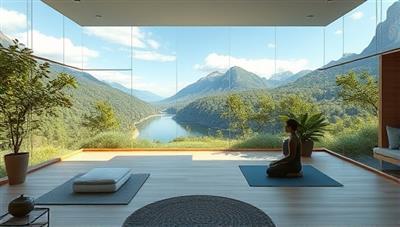 An immersive virtual retreat setting with serene natural landscapes, meditation spaces, and fitness areas, inviting participants to relax and rejuvenate in a tranquil online environment, emphasizing the holistic wellness experience offered by SerenityScape.
