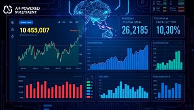 An engaging visual representation of a futuristic AI-powered investment dashboard displaying real-time market data, investment recommendations, and performance analytics, illustrating precision and innovation in automated investing.