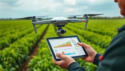 A drone hovering over lush green fields, capturing detailed crop data with colorful graphs and analytics displayed on a tablet held by a farmer, illustrating precision farming and technology integration.