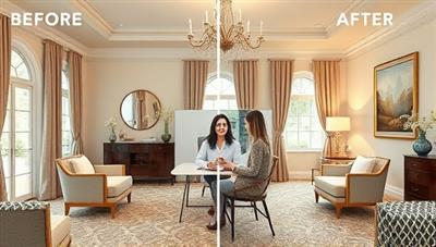 An elegant room visualization with before and after design transformations, featuring a virtual interior designer providing advice via video call, surrounded by fabric swatches, paint samples, and décor elements, illustrating the collaborative and creative process of DesignSpace Harmony.