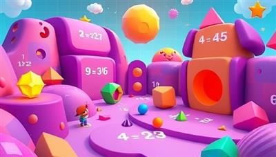 A vibrant and colorful virtual math world with animated characters solving equations, exploring geometric shapes, and earning virtual rewards, creating an immersive and educational gaming environment that sparks curiosity and excitement.