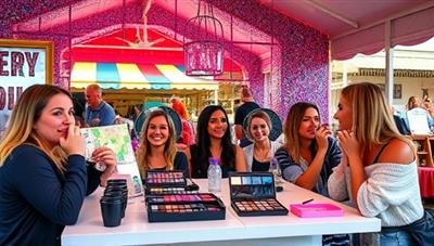 A vibrant and colorful beauty pop-up bar setup with mirrors, makeup palettes, and cosmetic glitter, surrounded by excited customers getting mini makeovers and enjoying the festive atmosphere at a local market, showcasing the fun and community spirit of the concept.