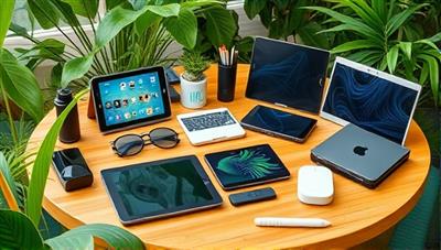 An assortment of sleek, eco-friendly tech gadgets displayed on a sustainable bamboo table, surrounded by lush greenery, showcasing the blend of technology and sustainability in a visually appealing setting.