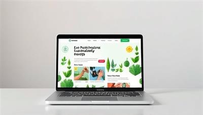 An artistic representation of a laptop screen displaying a nature-inspired website design with elements of sustainability, such as green energy icons, recycled materials imagery, and eco-friendly color schemes, promoting eco-conscious web solutions.
