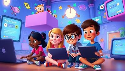 An animated scene showcasing a group of children immersed in a virtual coding world filled with colorful characters, interactive puzzles, and coding challenges, sparking curiosity and excitement for learning at CodeQuest Junior.