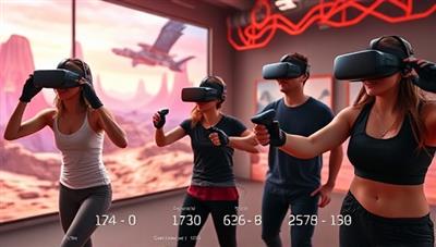 An exciting virtual reality scene with users wearing VR headsets and motion controllers, immersed in a high-energy fitness game environment with futuristic landscapes, challenging obstacles, and fitness metrics displayed in the foreground, illustrating the engaging and dynamic experience of FitQuest VR.