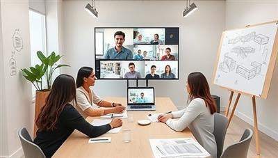 A virtual architectural design workshop setting with participants engaging in a collaborative design session through video conferencing, digital drawing tools, and shared design boards, fostering creativity and learning in a virtual studio environment.