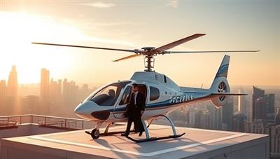 A luxurious air taxi scene with a sleek VTOL aircraft landing on a rooftop helipad, elegantly dressed passengers disembarking with city skylines in the background, embodying the exclusivity and sophistication of the premium air taxi service.