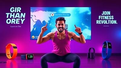 A vibrant and energetic image of a virtual fitness coach leading an online workout session, surrounded by digital fitness trackers and motivational quotes, inspiring users to join the fitness revolution.
