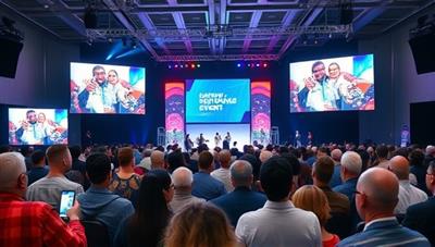 A dynamic and engaging virtual event scene with a digital stage, interactive elements, and a diverse audience participating in a virtual conference or celebration, illustrating the versatility and excitement of online events.